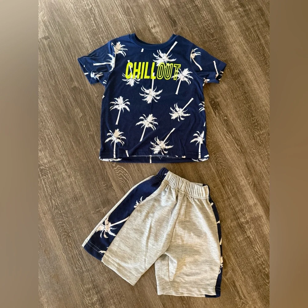 Kids Palm Tree Print Matching Set - Navy and Gray